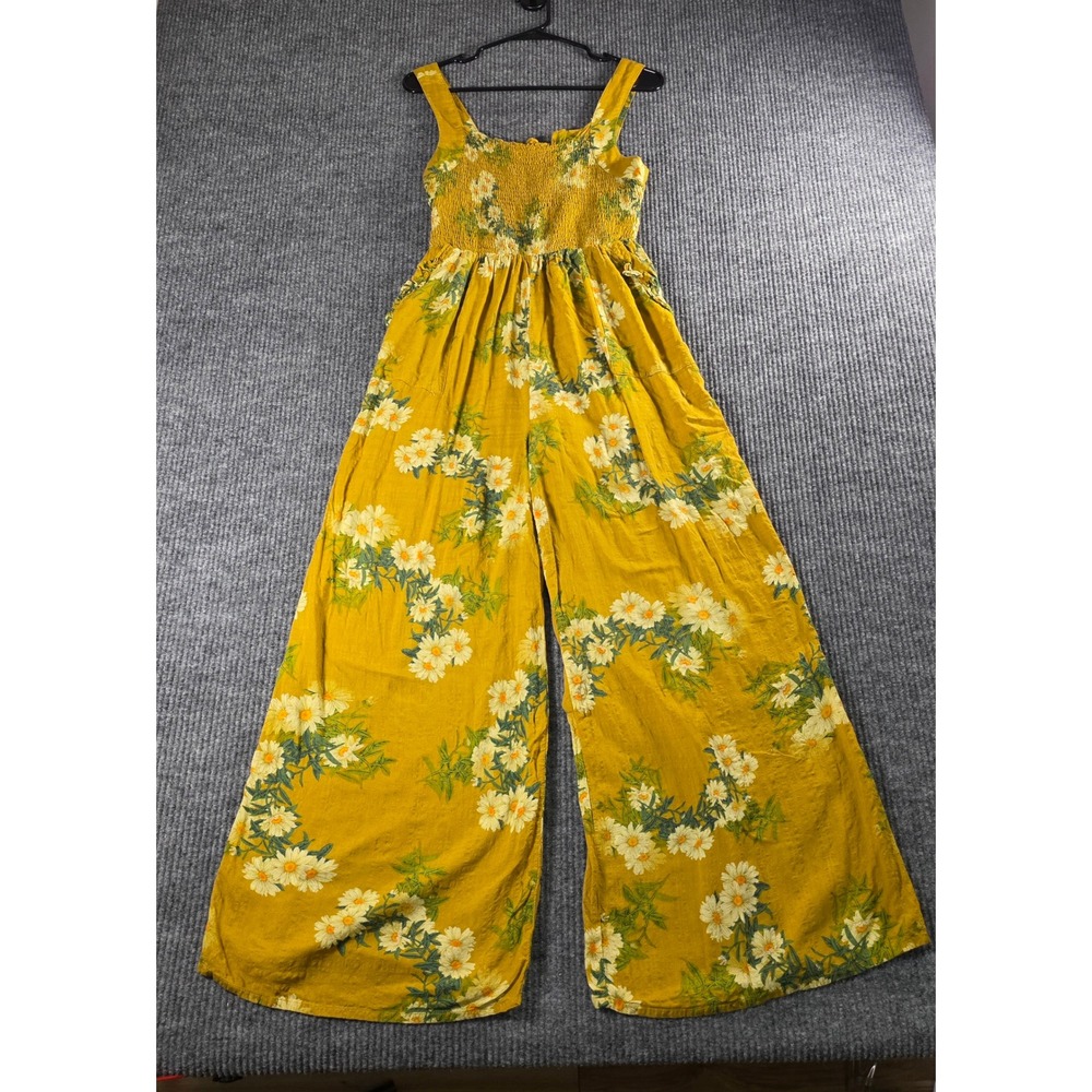 Davi & Dani Mustard Yellow Daisy Floral Wide Leg Smocked Jumpsuit Small Boho